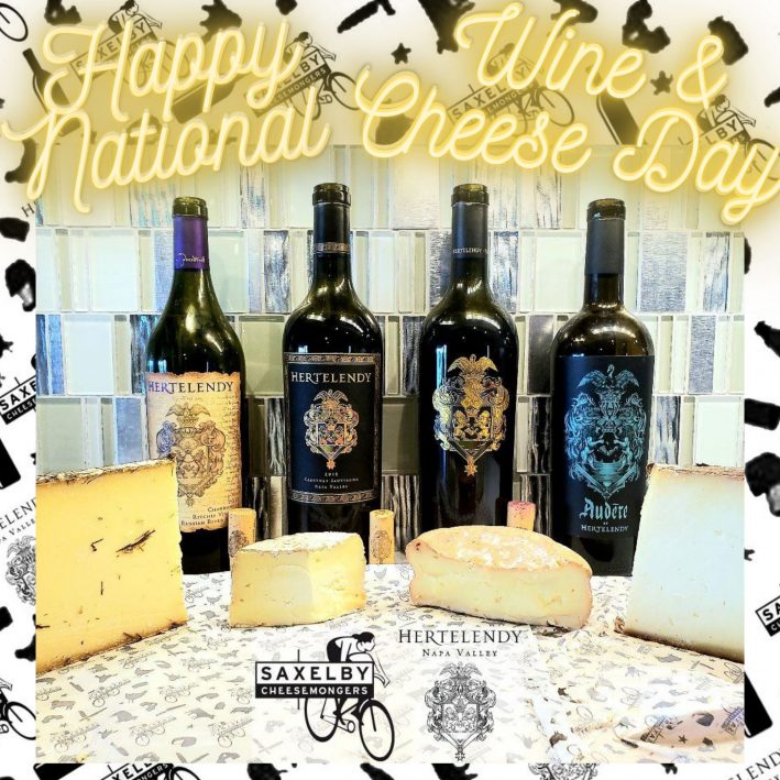 Happy National Wine and Cheese Day! Four Hertelendy Vineyards wines are juxtaposed behind four Saxelby Cheesemonger's cheeses for the perfect pairing.